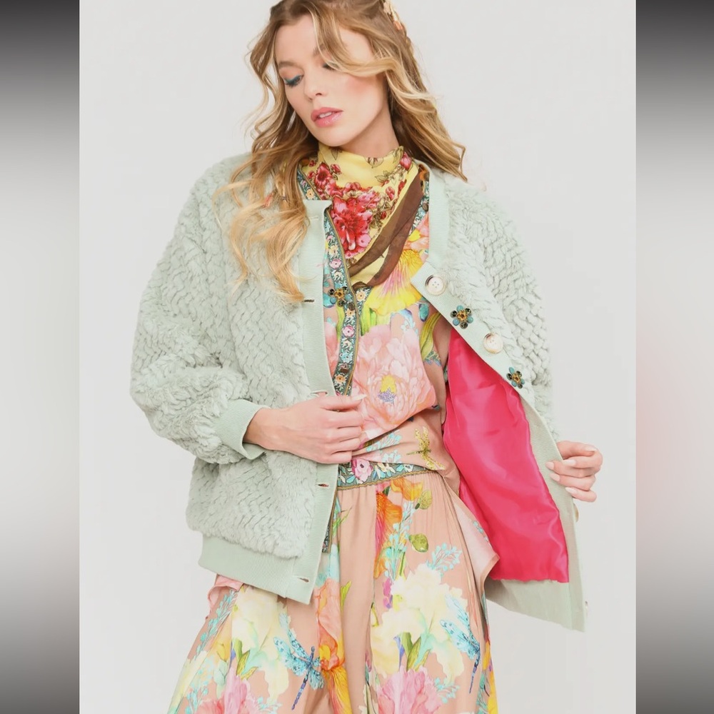 ARATTA Nellie Boho Luxe Mint Fur Jacket Satin Lined Crystal Buttons Boutique - Picture 8 of 16